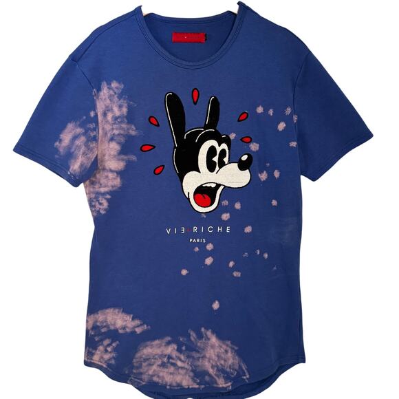 Vie Richie Paris Mens M Cartoon Dog Short Sleeve Sweater Top Bleached Streetwear - Picture 1 of 9